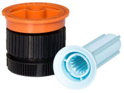 An image showing a Rain Bird sprinkler spray nozzle with a black body, orange top, and a textured blue filter screen.