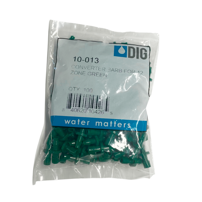 A pack of DIG brand green drip emitter 12-outlet manifold converters, labeled as 'Water Matters', sealed in a plastic bag.