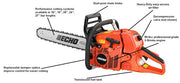 Echo chainsaw with labeled features on a white background