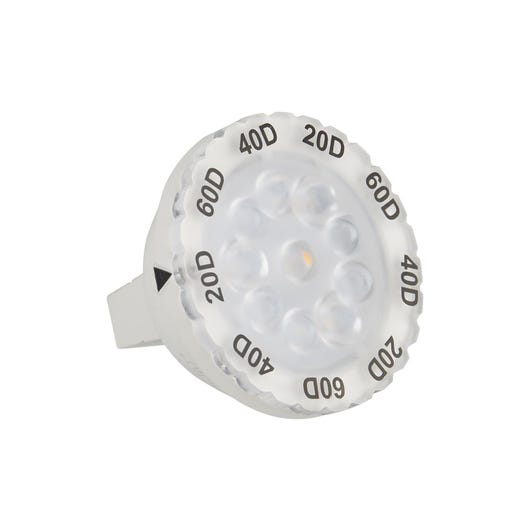 An LED MR16 lamp with adjustable beam angle settings indicated on the surface.