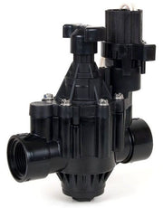 A black plastic irrigation electric valve with a 1-inch female threaded port connection.