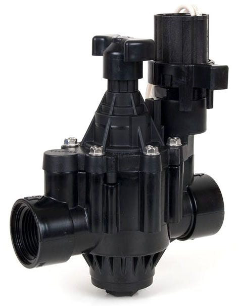 A black plastic irrigation electric valve with a 1-inch female threaded port connection.