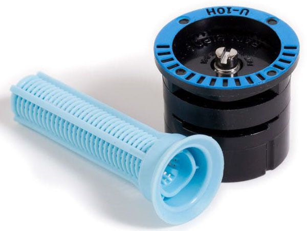 Rain Bird sprinkler spray nozzle with a black body and blue detailing, designed for a fixed arc, half circle spray pattern.