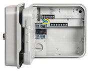 Electrical control box with open cover showing wiring and components, brand 'Hunter' visible.