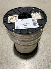 A spool of white irrigation wire labeled as 14 AWG 600 FEET, with a black plastic label on the spool indicating the product specifications.