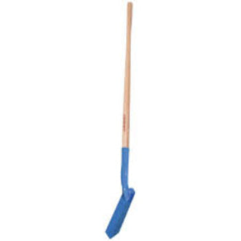 A 3-inch trenching shovel with a blue blade and a wooden handle.