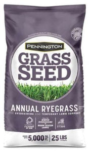 Bag of Pennington Annual Ryegrass grass seed with purple and white design.