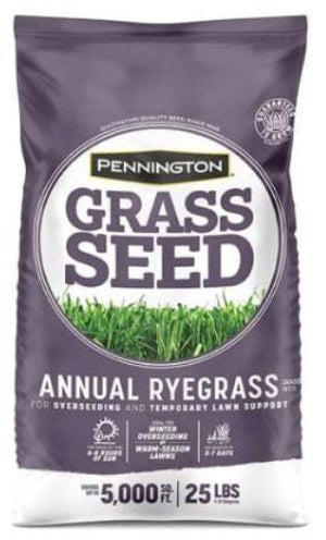 Bag of Pennington Annual Ryegrass grass seed with purple and white design.