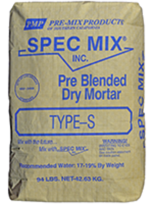 A bag of Spec Mix Type 'S' PreBlended Dry Mortar with a brown color label and branding on it.