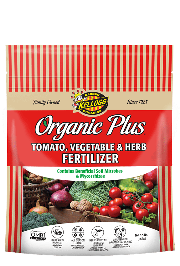 Bag of KELLOGG Organic Plus Tomato, Vegetable & Herb Fertilizer with product information and images of tomatoes, cucumbers, and herbs on the front.