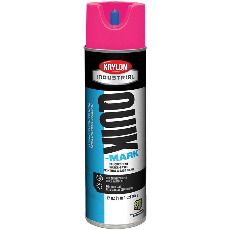A spray can of Krylon Quick-Mark water-based marking paint in fluorescent pink color, with a capacity of 17 ounces.