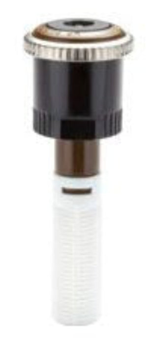 A brown sprinkler rotator nozzle with a white filter screen and a silver-colored top.
