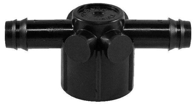 A black barb tee female adapter for irrigation systems.