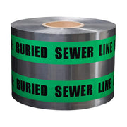 A roll of detectable green sewer marking tape with the words 'Buried Sewer Line' printed on it.