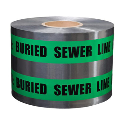 A roll of detectable green sewer marking tape with the words 'Buried Sewer Line' printed on it.