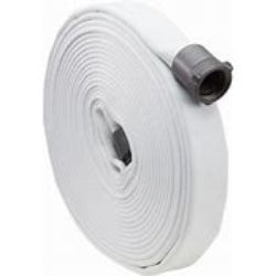 A rolled up white contractor hose with aluminum couplings.