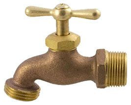 A bronze-colored brass hose bibb with a long nose and a T-handle actuation mechanism.