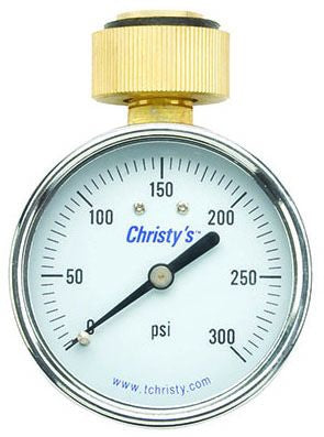 A water test gauge with a white dial, brass female hose thread, and a steel enclosure. The gauge displays measurements in PSI with a minimum of 0 and a maximum of 160.