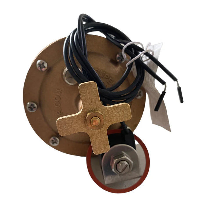 Mechanical component with gold lever and black wires on a white background