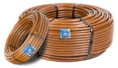 A coil of brown drip irrigation tubing with attached labels indicating specifications.
