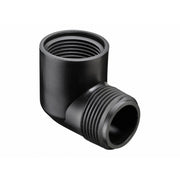 A black HDPE 90-degree elbow pipe fitting.