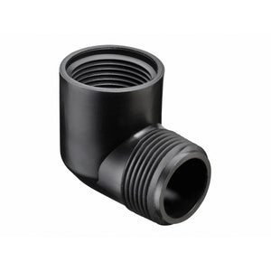 A black HDPE 90-degree elbow pipe fitting.