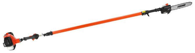 A telescoping power pruner with an orange shaft and a silver-colored head.