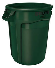 A green Rubbermaid commercial trash can with a lid, made of polyethylene material.