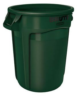 A green Rubbermaid commercial trash can with a lid, made of polyethylene material.