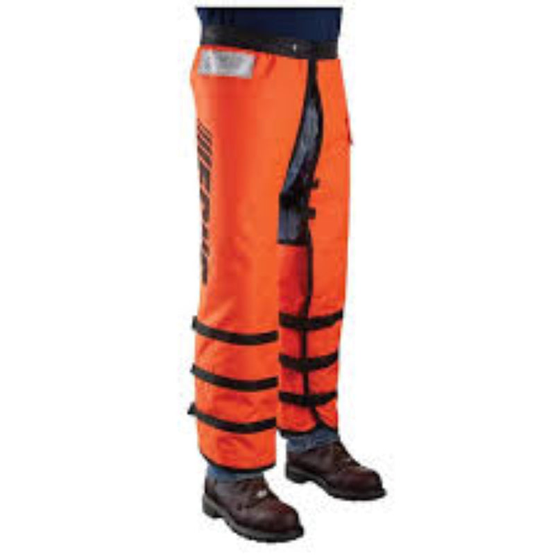 Orange safety pants with black straps on a white background