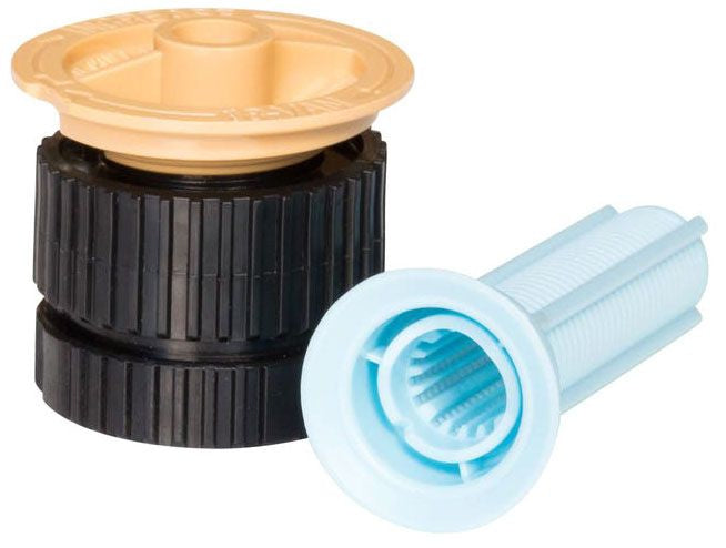 An image showing a sprinkler spray nozzle with a black body and a pop-up head, alongside a blue filter screen.
