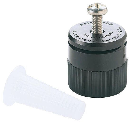 Rain Bird 1300A F Adjustable Full Circle Bubbler with a nozzle, primarily black in color.