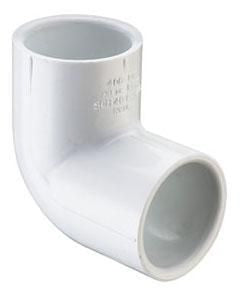 A white PVC 90 degree elbow fitting with socket x socket end connection.