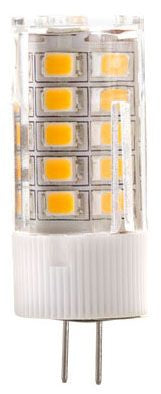 A large G4 bi-pin LED lamp with an omnidirectional beam spread, warm white color, and a visible clear glass cover.