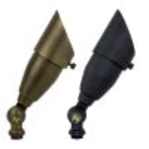 Two bronze-colored decorative items with pointed ends on a black background