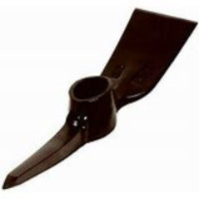 A black pick mattock head with a steel blade and a wooden handle.