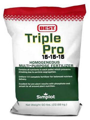 A 50 lb bag of 'Triple Pro' homogeneous multipurpose fertilizer by Best, with a green and red design on the packaging.