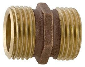 Brass 3/4 inch male hose to male hose connection fitting, designed for plumbing and irrigation applications.