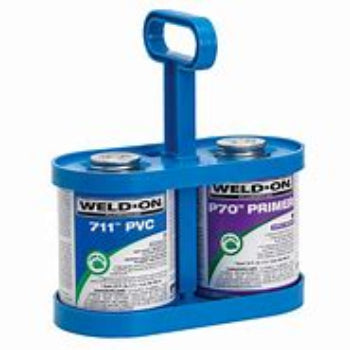 A blue plastic can tote carrier with multiple compartments, labeled with 'WELD-ON' brand and measurements '711' and 'P70'.