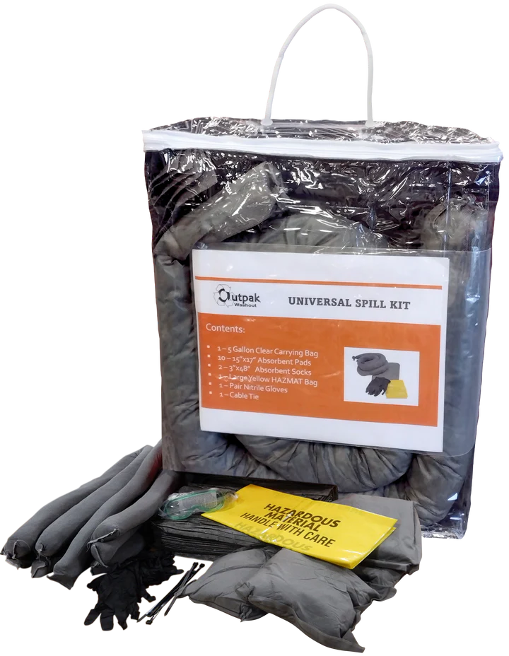 Outpak universal spill kit with gloves and absorbent pads on a white background