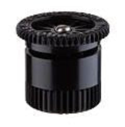 Black sprinkler spray nozzle with adjustable arc nozzles, viewed from the side.
