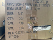 A brown cardboard shipping box printed with black text for UPVC SCH40 pressure fittings, item US4E01 45° ELBOW, size 1/2 inches, quantity 360 PCS, with a white label for Zero Centre Pointe.