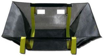 A trapezoidal, yellow and black geotextile drain inlet filter with strap reinforcements.