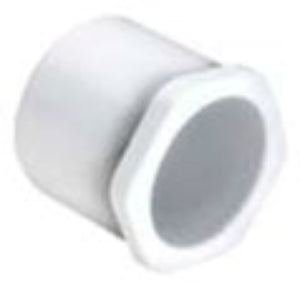 A white PVC bushing fitting with a spigot x socket end connection.