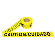 A roll of yellow caution barricade tape with the words 'CAUTION' and 'guidado' printed in black.