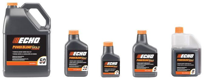 Set of Echo Power Blend Gold oil bottles in various sizes on a white background