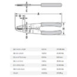 Technical drawing of a pair of pliers with dimensions and specifications.