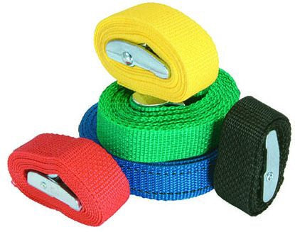 A set of utility tie-down straps in black, yellow, green, and red colors, with cam buckle closures.