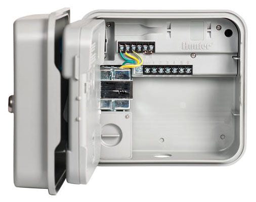 Electrical control box with open cover showing wiring and components, brand 'Hunter' visible.