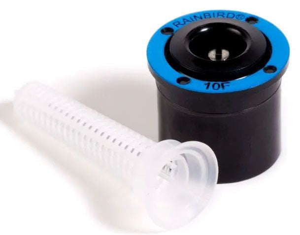 Rain Bird full circle sprinkler spray nozzle with a blue top and black body, alongside a white filter screen.